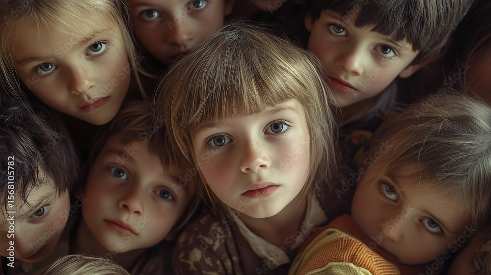 Obraz premium A group of children gathers closely, their faces reflecting curiosity, innocence, and a touch of solemnity in a heartwarming gathering.