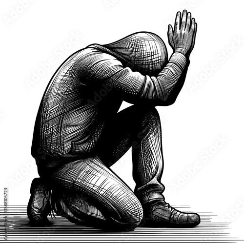 Person kneeling raising hand against transparent background