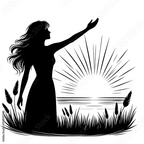 Silhouette woman raising arm against sunrise background