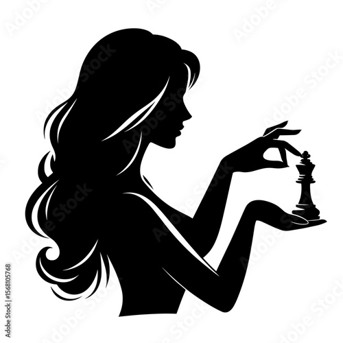 Woman Holding Chess Piece in Silhouette Style