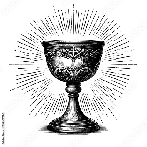 Ornate Chalice Illustration in Black and White, Symbolizing Religion