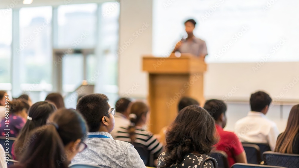 Obraz premium Soft focus seminar venue with Indian student speaker and attentive audience 