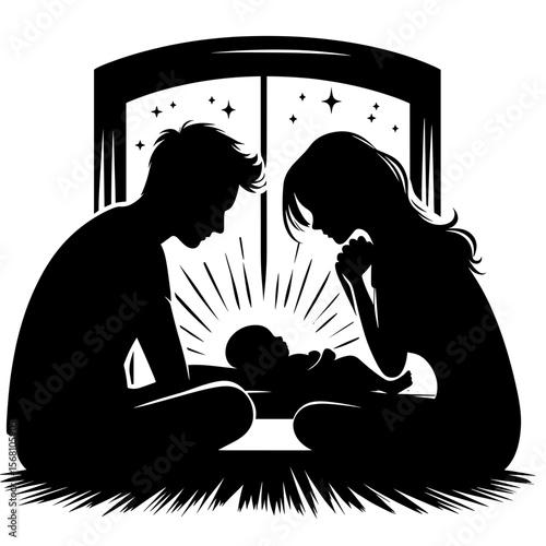 Parents gazing at baby in manger