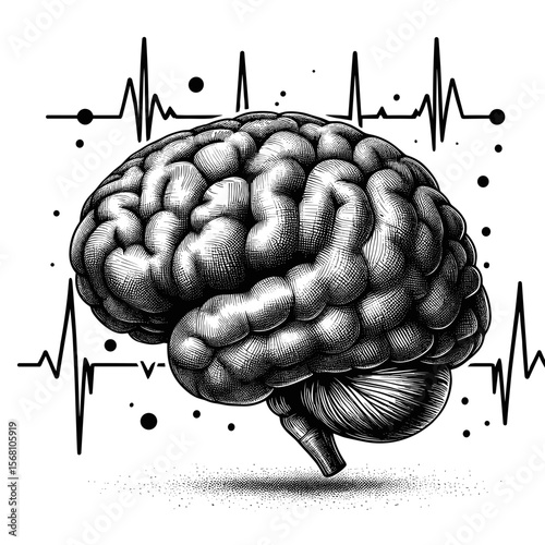 Brain illustration in detailed style with brainwave background
