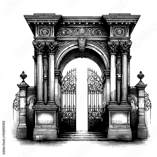 Classic archway in detailed sketch style in black and white depicting an entrance