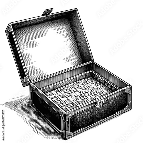 Intricate maze within wooden box in black-and-white style for puzzles
