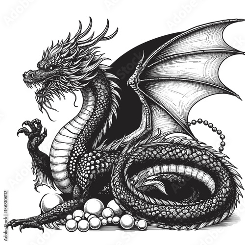 Dragon guarding treasure in art style, black and white, mythological