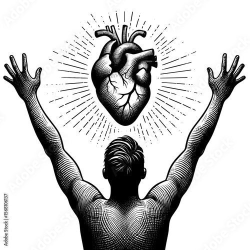 Silhouette of person raising hands against heart illustration
