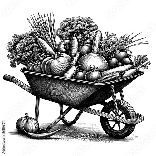 Wheelbarrow of vegetables in illustration style in black and white showing harvest