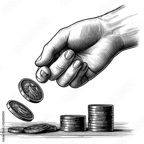 Hand dropping coins in black-white illustration showing wealth