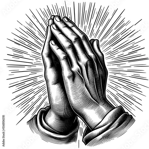 Praying hands in monochromatic style in black and white