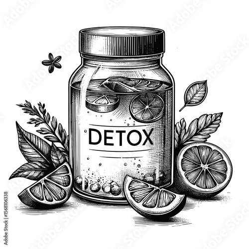Detox drink in black-and-white drawing for wellness