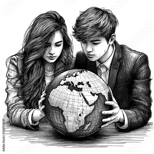 Man and woman smiling holding globe