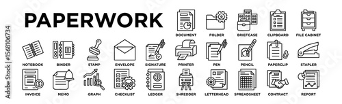 Paperwork  icon set. Editable Stroke Icon Collection. Folder, Briefcase, Clipboard, File Cabinet, Pencil, Paperclip, Stapler, Notebook, Binder, Stamp, Envelope, Signature, Shredder, Letterhead
