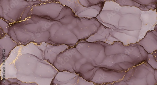 Abstract mauve inkscape with golden veins and glitter accents, creating a luxurious marble effect