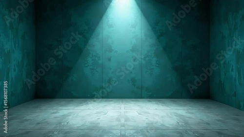 A mesmerizing studio space with a luminous spotlight casting shadows across the teal textured walls and concrete floor, perfect for creative projects and artistic productions, providing visual depth.