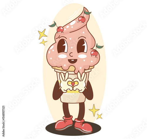 Cute Anthropomorphic Ice Cream Character with Cherries and Heart Motif