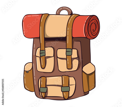 Camping Backpack With Roll Mat Illustration in Brown and Red Colors