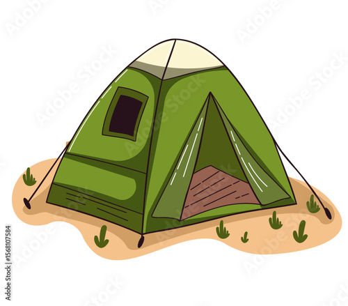 Illustration of a Green Camping Tent on Sandy Ground with Grass Details