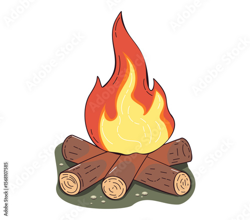 Illustration of a Burning Campfire with Wooden Logs on Ground for Campsites