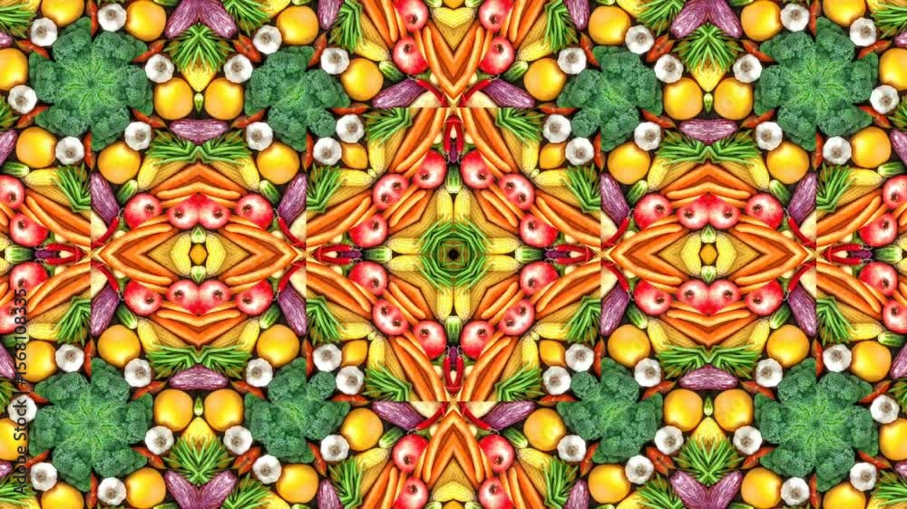 In twelve words or less without commas the kaleidoscopic image shows a vibrant symmetrical pattern of fruits and vegetables.animated footage background