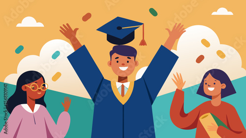 Happy graduate celebrating with friends outdoors, wearing cap and gown, throwing hands up in joy and excitement