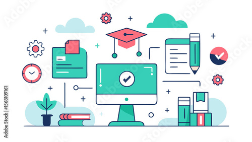 E-learning concept with computer, books, graduation cap, and digital tools connected in a modern flat style