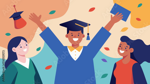 Excited graduate celebrating with classmates, throwing cap in the air among falling confetti and smiling friends