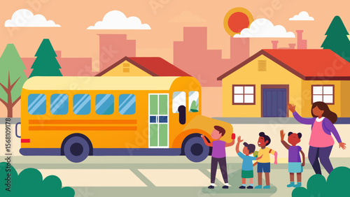 Children waving goodbye to yellow school bus in suburban neighborhood with parents at sunset