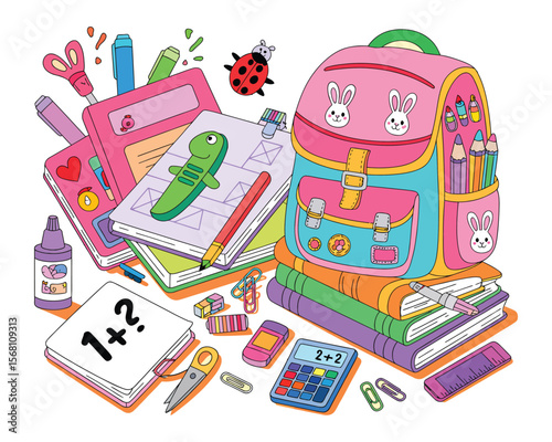Back to School Essentials: A colorful assortment of school supplies, notebooks, and a cheerful backpack create a vibrant scene ready for a new academic year.