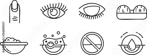 Contact Lens Care Icons Set Vector, Eye Health, Finger, Case, Solution, Cleaning, No Rub, Hydration