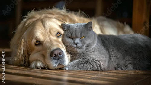 Wallpaper Mural Golden Retriever and British Shorthair cat snuggled together on a sunlit wooden floor, soft shadows from window blinds casting across their fur, eyes half-closed in peaceful relaxa Torontodigital.ca