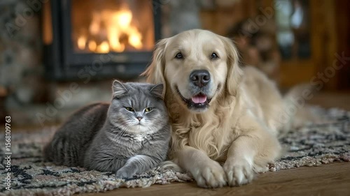 Wallpaper Mural Golden Retriever looks lovingly at a British Shorthair cat nestled beside it on a living room carpet, fireplace flickering in the background creating a serene domestic scene. Torontodigital.ca