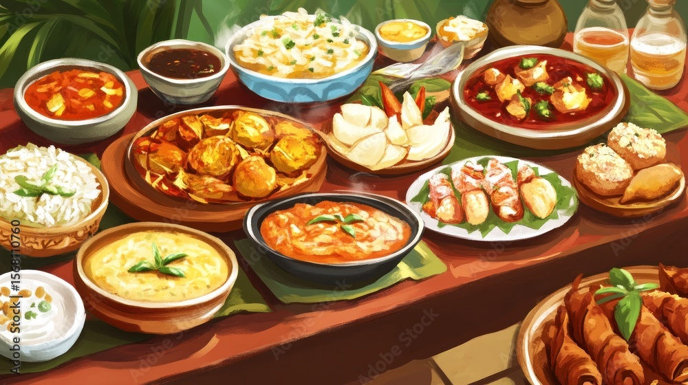 Fototapeta premium A vibrant spread of diverse dishes, including curries, rice, and desserts, arranged on a rustic wooden table.