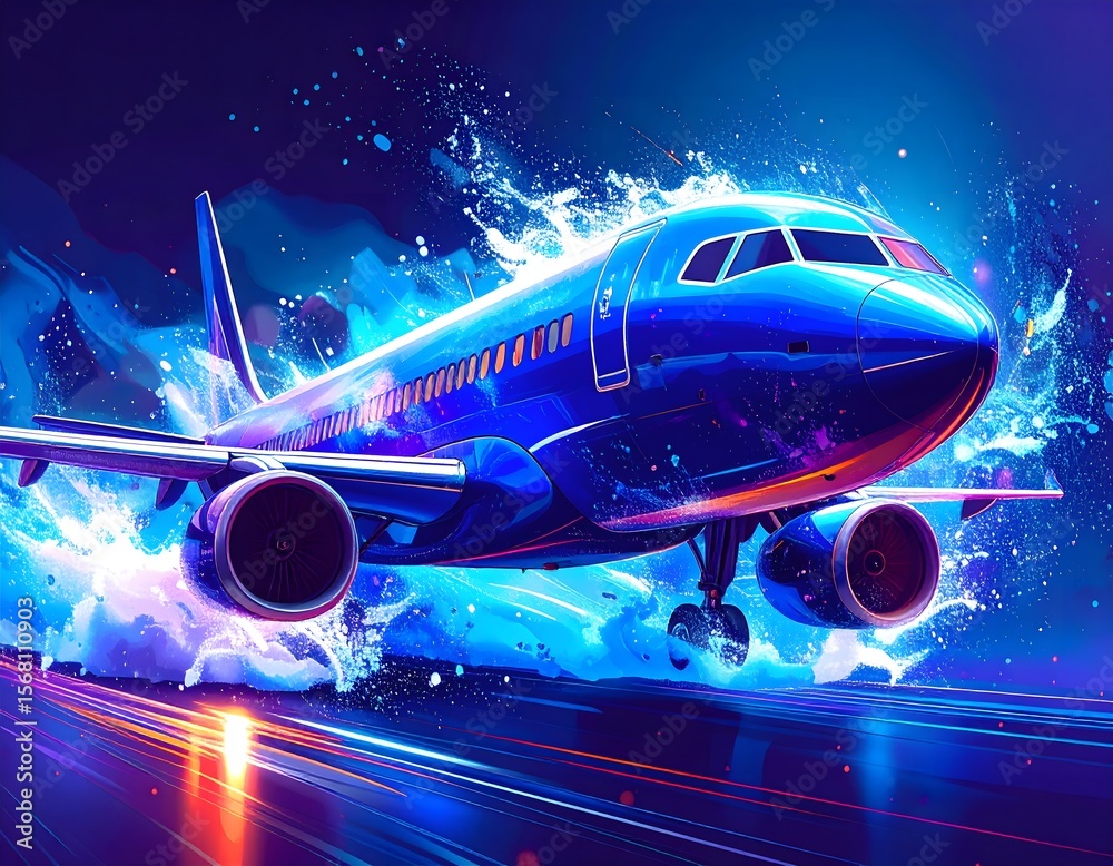 Fototapeta premium Futuristic Neon Airplane Close-Up. Abstract Aviation Concept Illustration