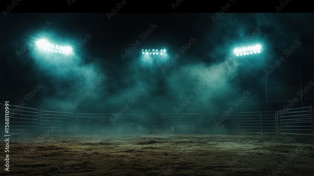 Fototapeta premium Empty rodeo arena at night with fog and lights.