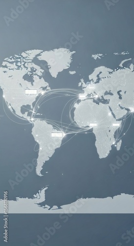 World map displaying global logistics and distribution network with connected battery icons. Supply chain management.
