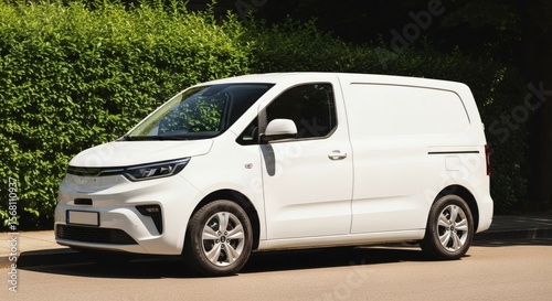 White modern electric van parked on asphalt road in front of green bushy hedge. Delivery vehicle for logistics and transportation.