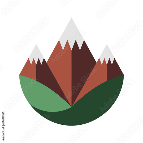 Stylized mountain peaks with snow caps and green hills