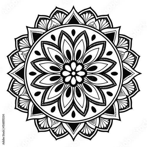 Intricate mandala art with a captivating symmetrical design, a unique pattern perfect for coloring books and creative projects.