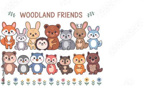 Adorable Woodland Friends: A charming collection of cute woodland animal characters, including fox, rabbit, bear, raccoon, hedgehog, and owl, standing together in a heartwarming scene.  