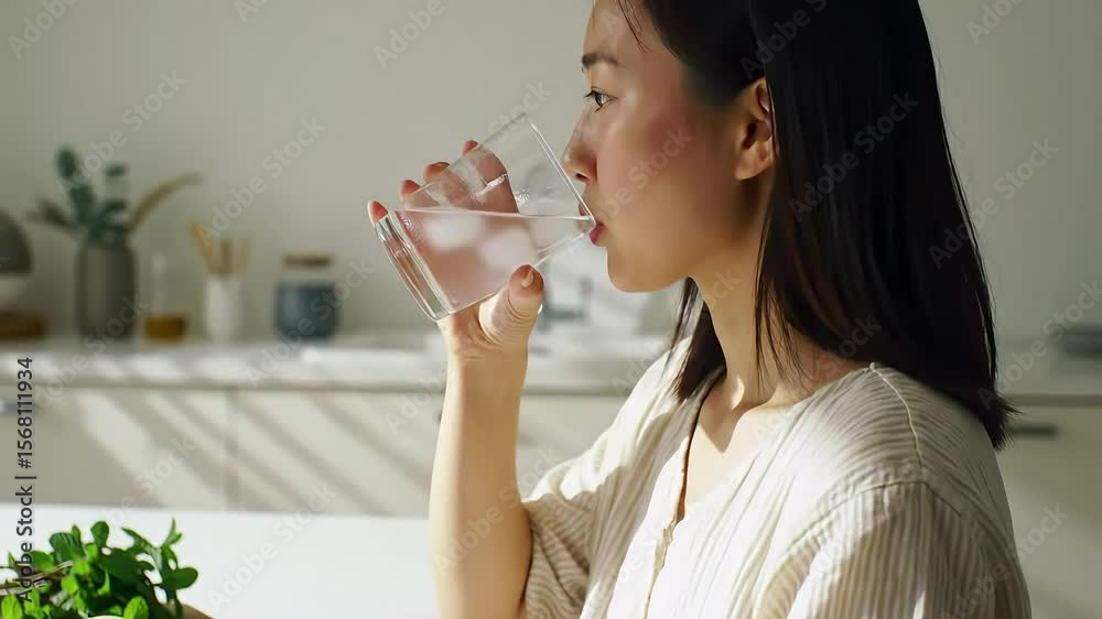 Side View Woman Holding Glass of Water with Ice in Sunlit Kitchen Side View Woman Holding Glass of Water with Ice in Sunlit Kitchen