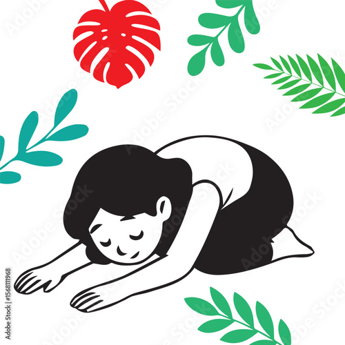 Cartoon Girl in Child’s Pose Surrounded by Green and Red Leaves on White Background, Peaceful Yoga Illustration with Natural Elements and Relaxing, Mindful Atmosphere.