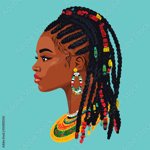 African woman with fulani braids and beads, cultural hairstyle, clean 2D design vector illustration