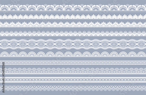 Lace border. Vintage white frame. Wedding pattern stripe or lacy tape. Lacework decoration. Horizontal tatting. Geometric jacquard ornament. Embroidery print. Vector seamless ribbons set