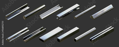 Steel tube. Aluminium isometric profile. 3D chrome metal bar or square rod pipe. Iron fittings. Stainless beam section. Architecture metallic columns. Vector construction objects set