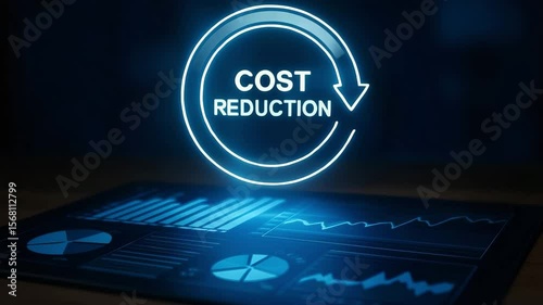 A circular arrow labeled cost reduction glows above a metric tablet display. Concept of financial efficiency optimization.