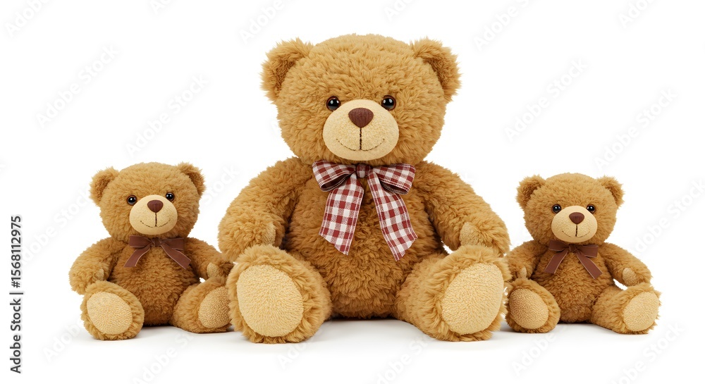Obraz premium Three brown teddy bears sit together on a white background, the largest bear wearing a red and white checkered bow.