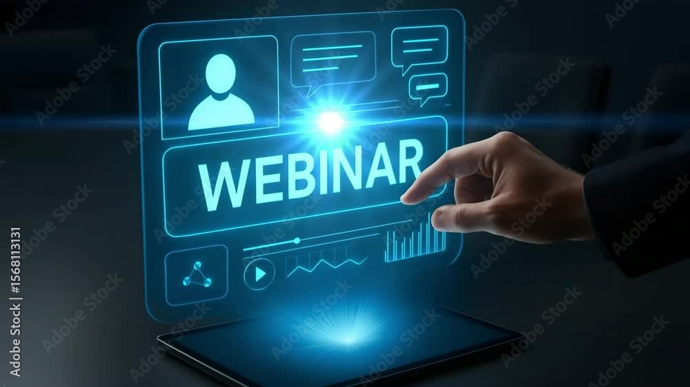 A glowing webinar panel pops from a tablet as a hand selects the screen. Concept of virtual learning engagement.