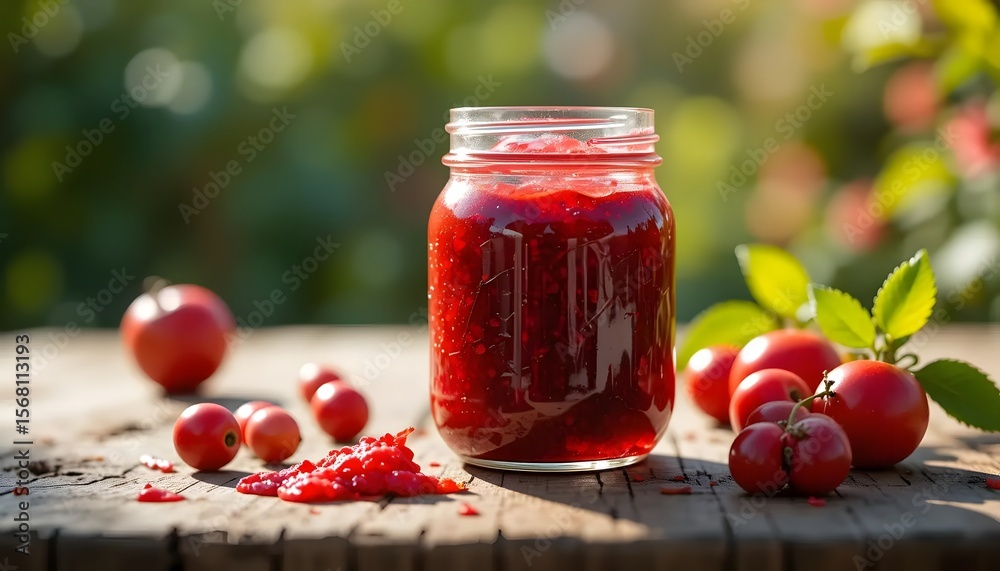 Red Jam in Glass Jar on Rustic Wooden Table Outdoors – Natural Food Concept Red Jam in Glass Jar on Rustic Wooden Table Outdoors – Natural Food Concept